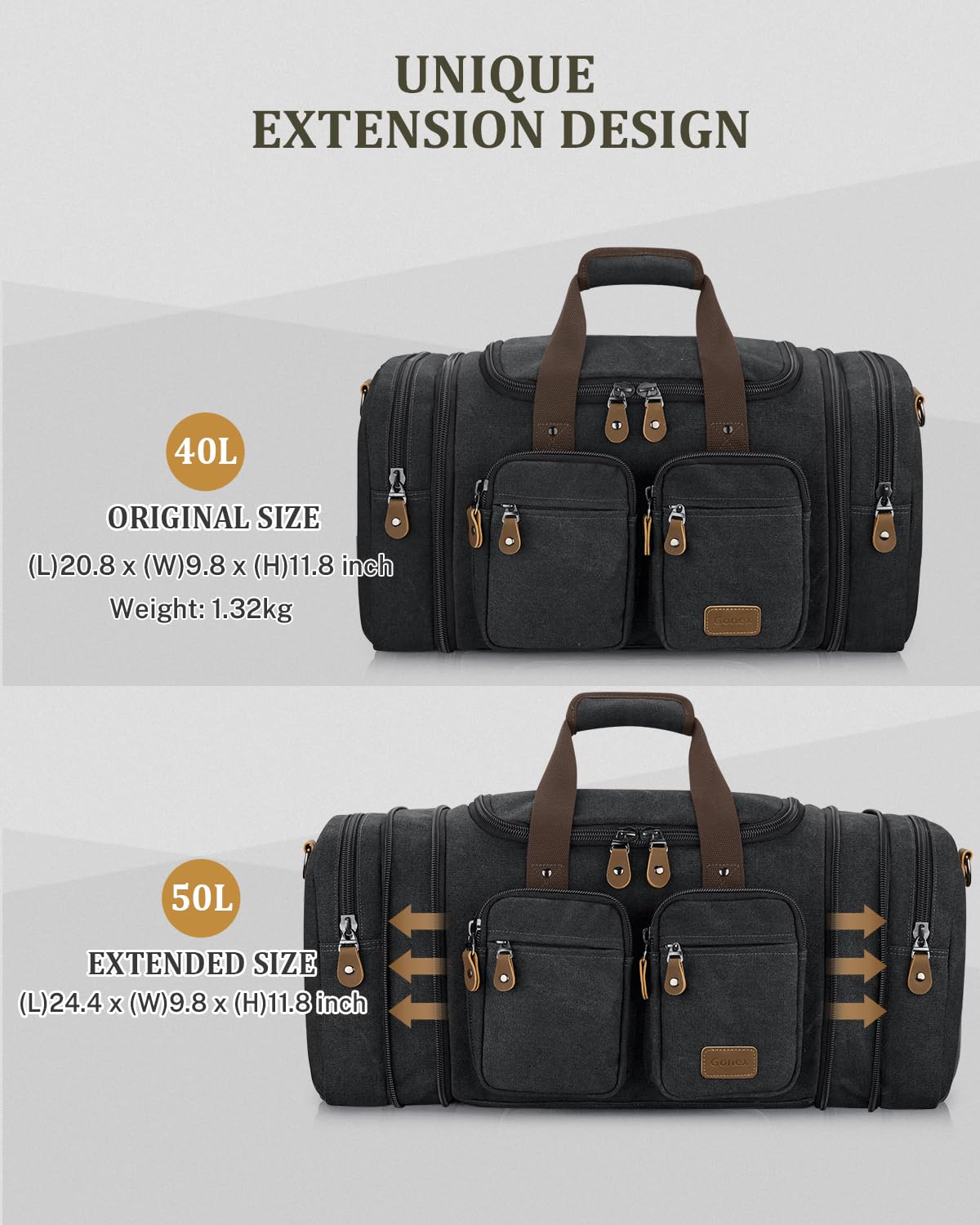 Gonex Canvas Duffle Bag for Travel, Expandable Water Resistant 60L Carry on Duffel Overnight Weekender Gym Bag with Wet Dry Separation Pocket & Suitcase Handle Sleeve, Dark Grey