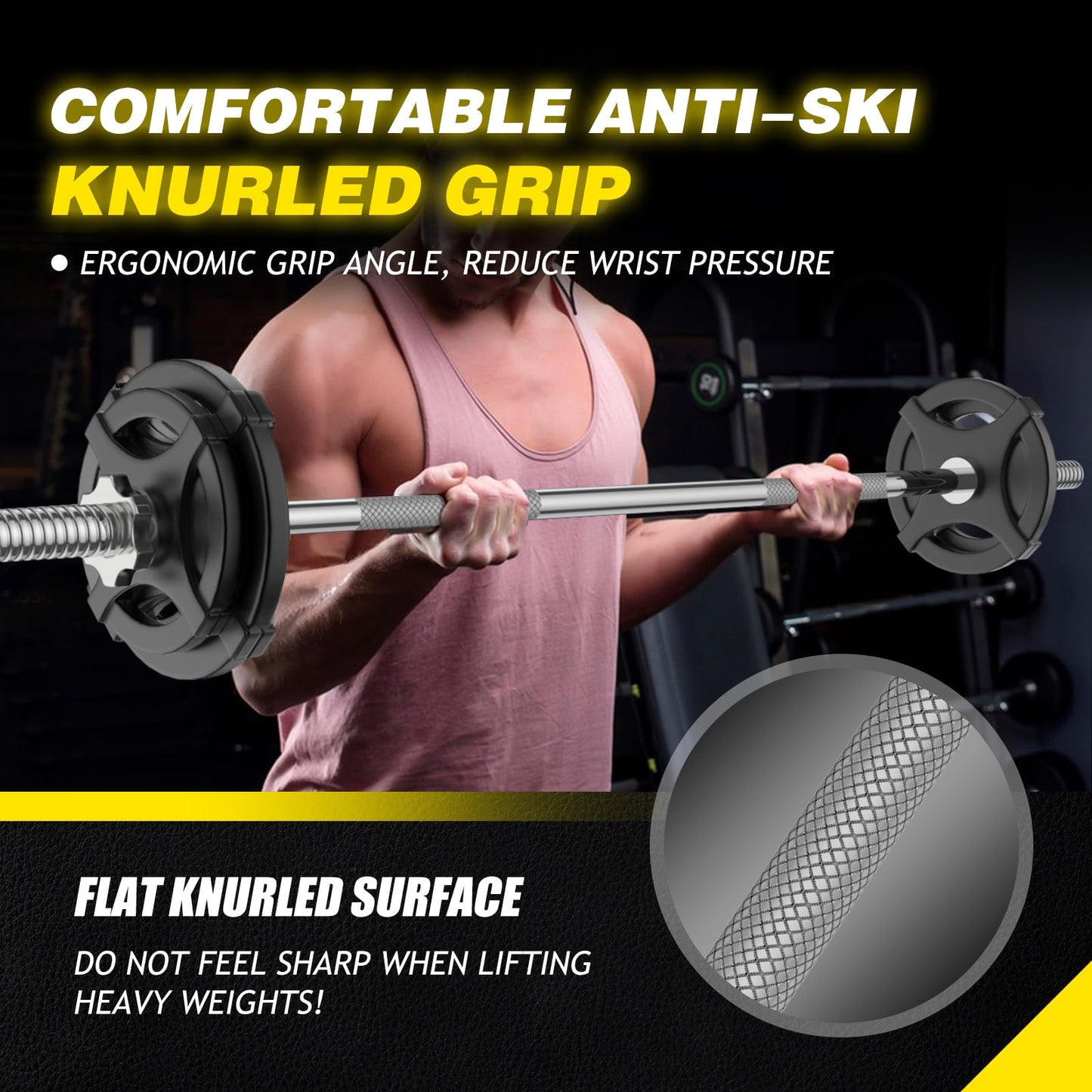Weight Lifting Bar 57", 1" Standard Straight Barbell Bars Olympic for Home Gym Weight lifting/Strength Training/Squat/Bench Press/Deadlift/Lunges/Hip Thrusts, 2 Star Collars (480lb Weight Capacity) (Silver)