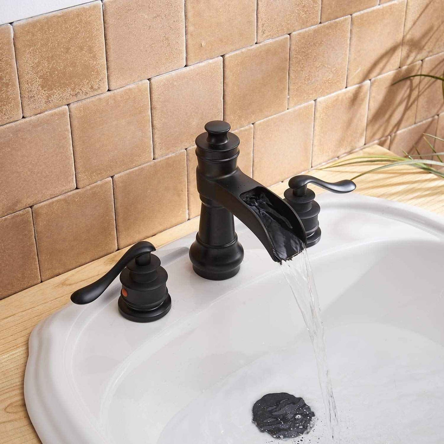 Bathfinesse 3 Hole Black Bathroom Sink Faucet 8 Inch Two Handles Widespread Waterfall Farmhouse with Pop Up Drain Assembly Stopper Supply Lines Hose Lead-Free