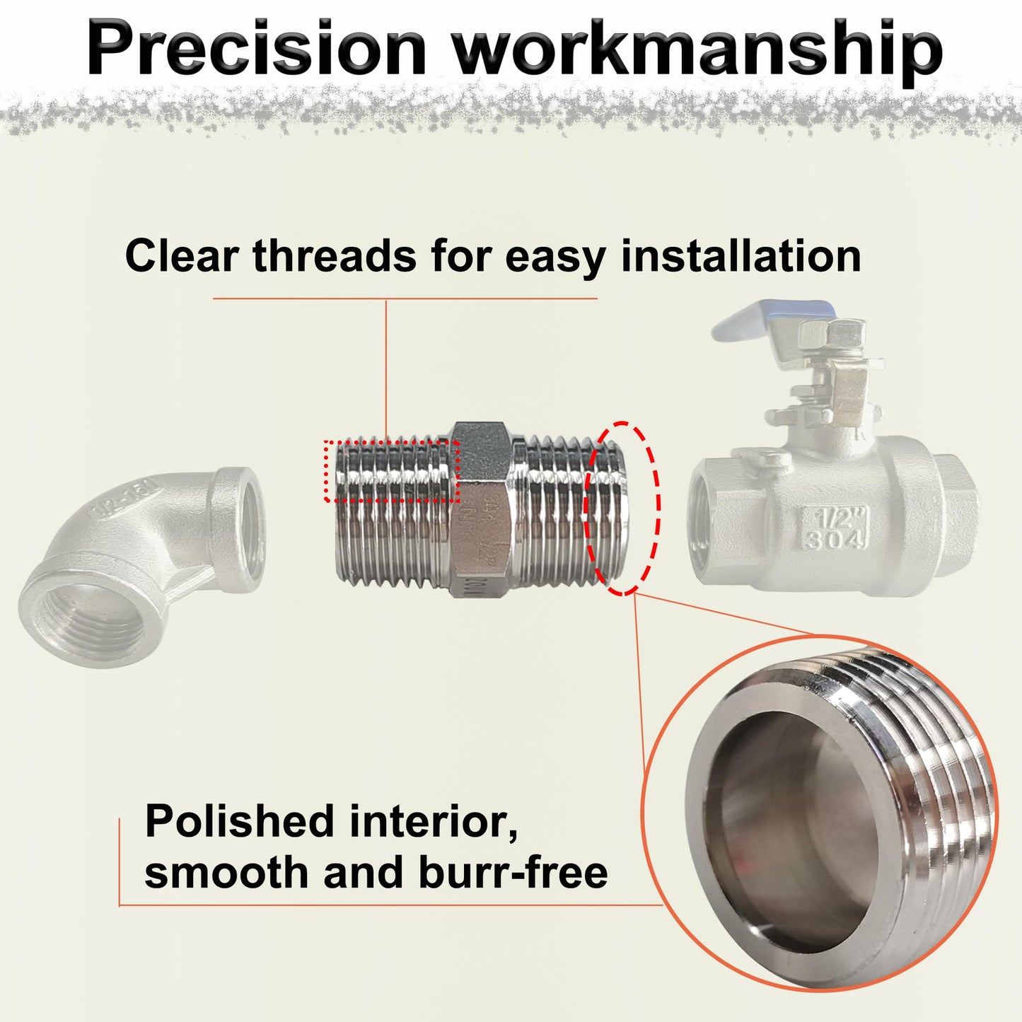 1" Male Hex Nipple Pipe Fittings, 304 Stainless Steel 1 inch NPT Threaded Pipe Adapter Fittings Equal Nipples Connectors, Male Straight Connector Pipe Fitting (1“, 2pcs)