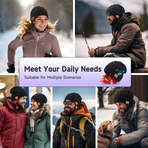 TOUCH TWO Black Acrylic Bluetooth Beanie hat - Tech Gifts for Men and Women, Wireless Bluetooth Hat, Stocking Stuffer