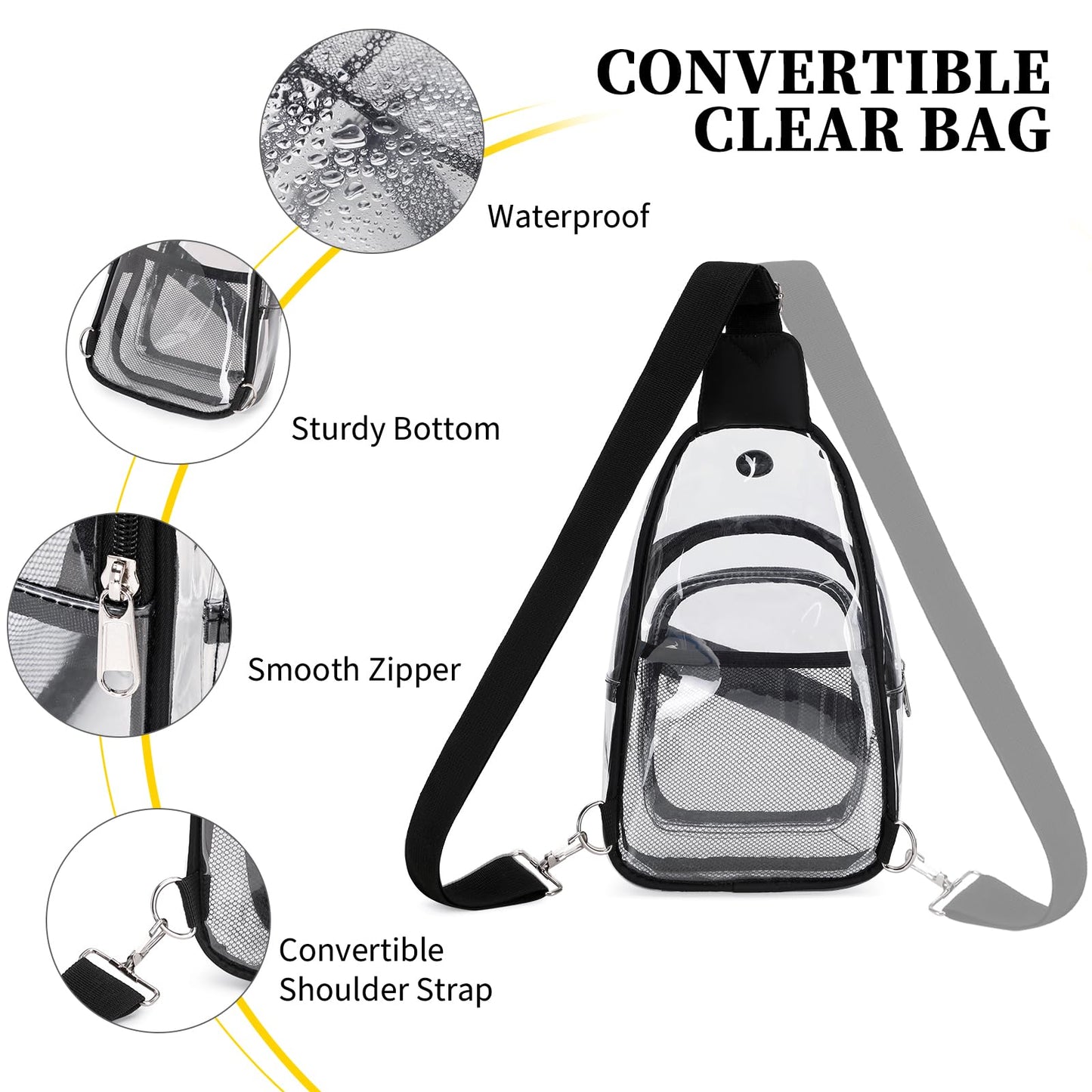 Clear Bag for Stadium Events, Clear Purse Bag for Women Men Waterproof PVC Crossbody Fanny Pack for Concert Sport Hiking Travel, Black