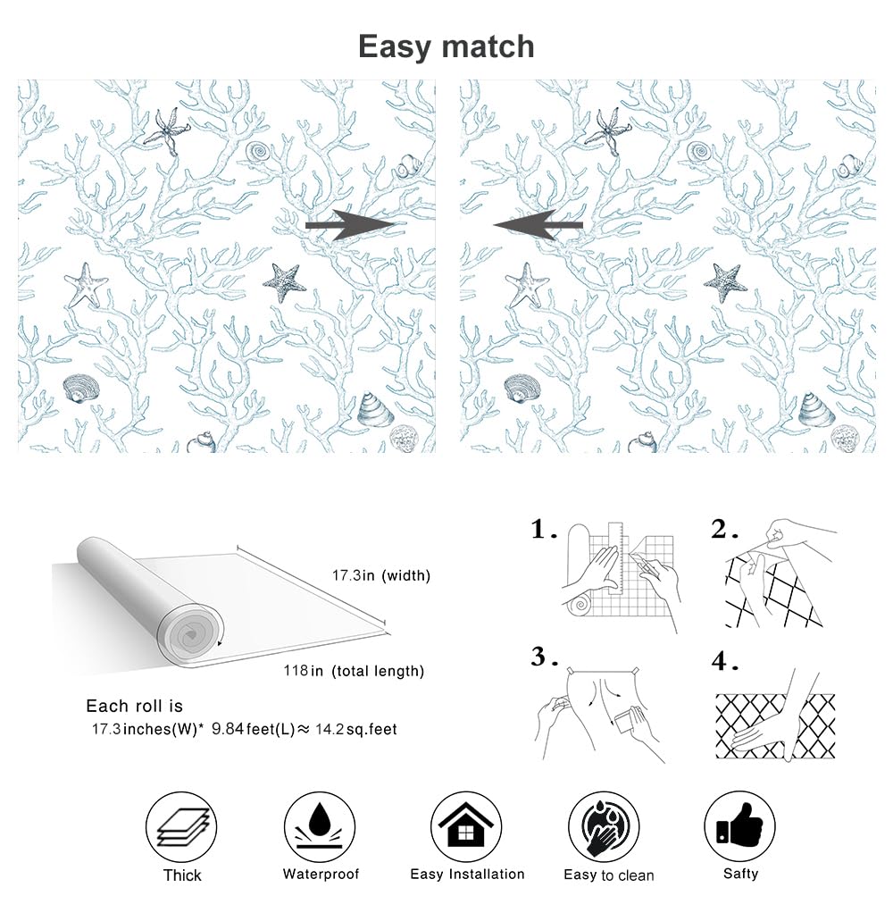Akywall Ocean Wallpaper Peel and Stick White and Blue Contact Paper Textured Sea Coral Starfish Shells Self Adhesive Vinyl Roll Stick on Wallcovering Cute for Home Decor 118in