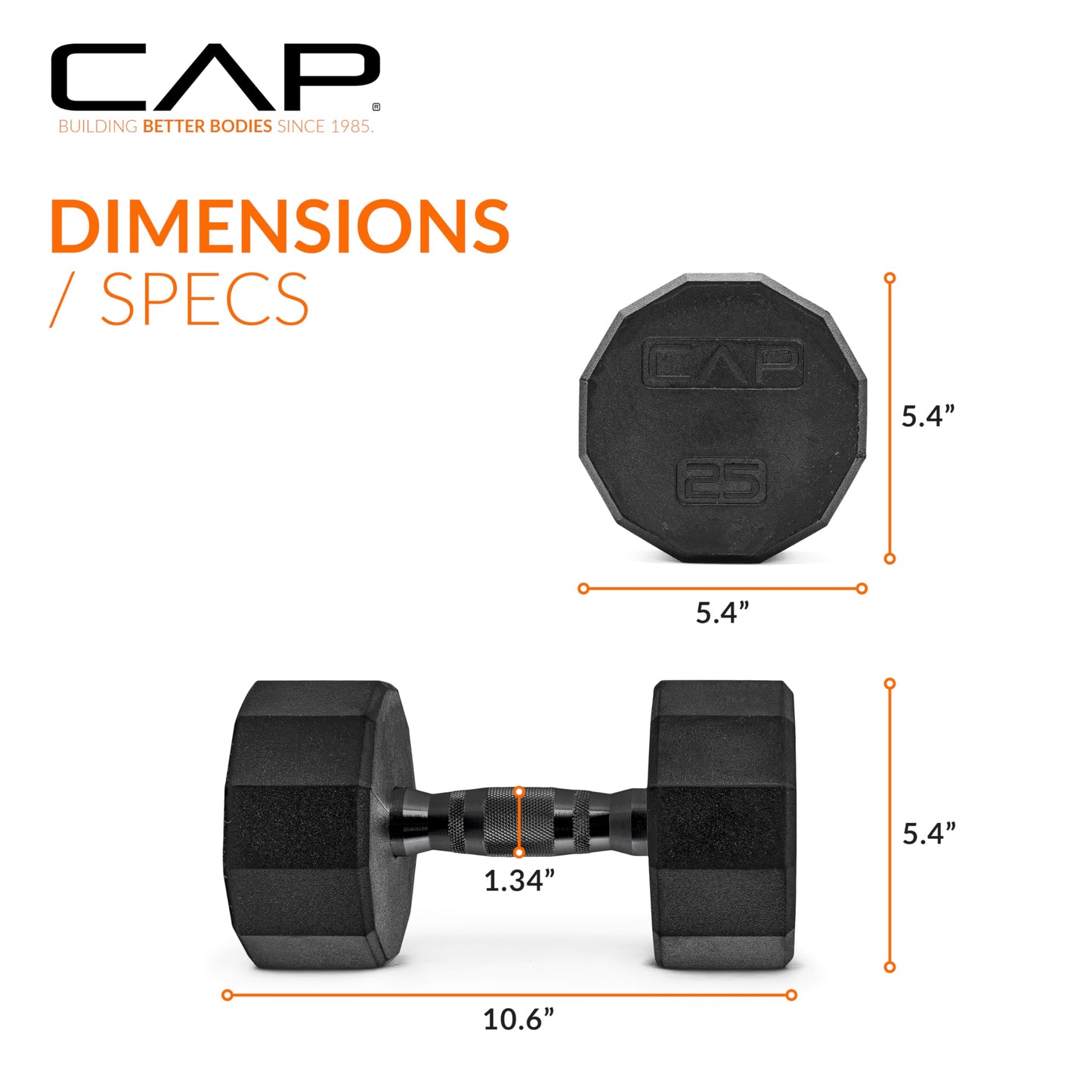 CAP 25lb Rubber Coated 12-Sided Dumbbell, Black Grip, Free Weights, Single