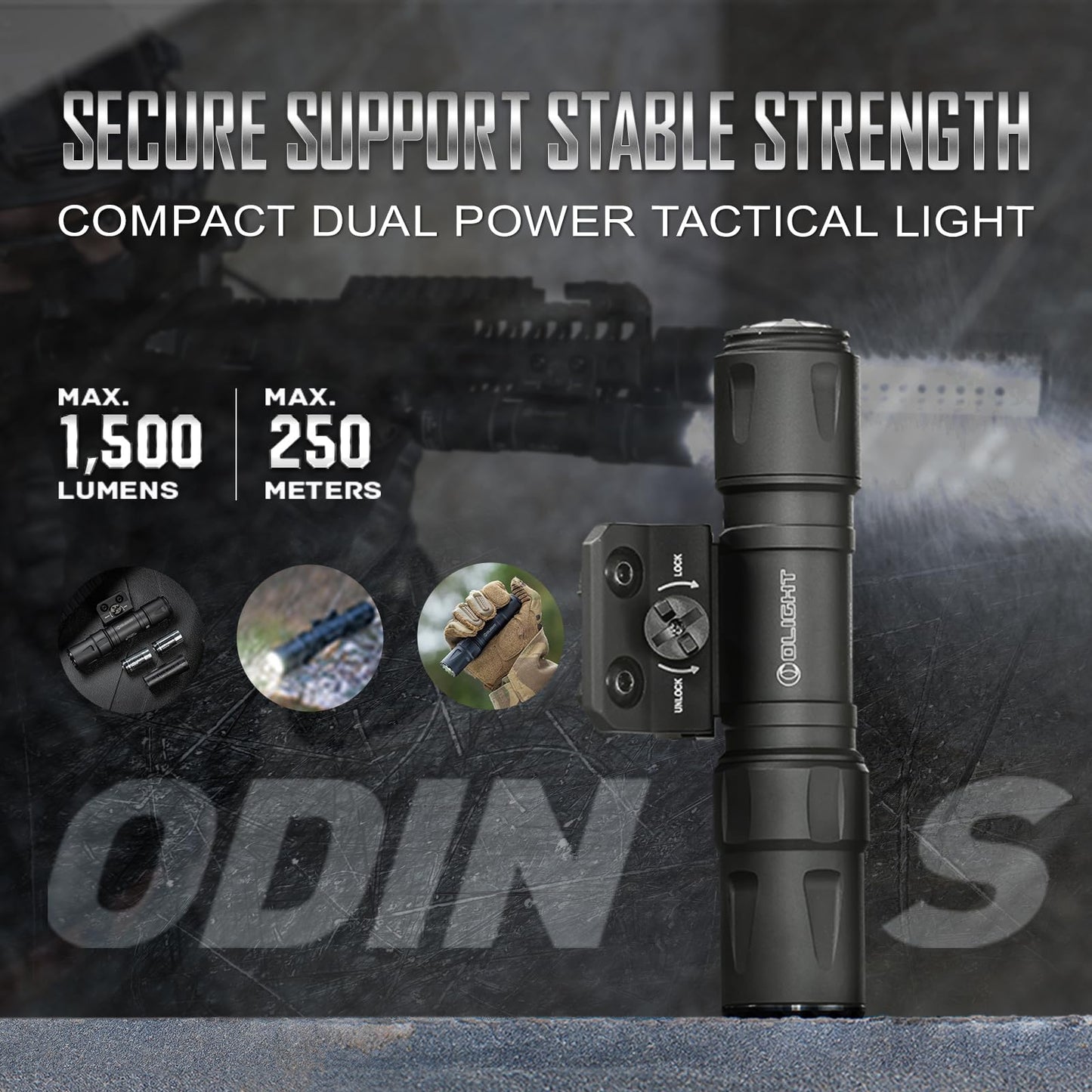 OLIGHT Odin S Compact MLOK Rechargeable Tactical Flashlight, 1500 Lumens 15600 Candela 250m Beam Distance Weaponlight, Upgraded Remote Pressure Switch, Strobe, IPX8 Waterproof for Hunting Outdoor Use