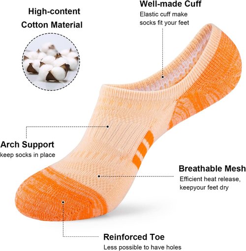COOPLUS No Show Socks - Women's Athletic Cushioned Cotton Low Cut | Non-Slip Invisible (6 Pairs)