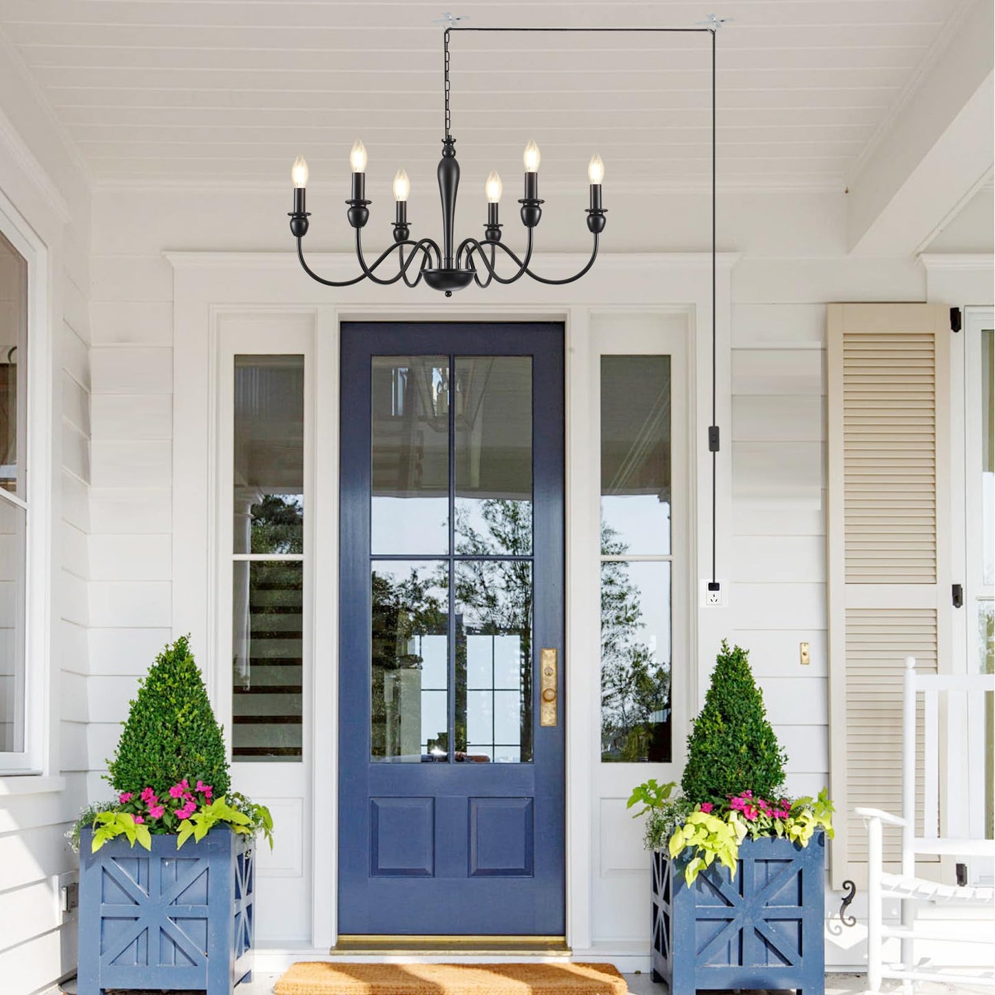 LXWNYY Plug in Chandelier with Long Cord 15.1ft, 6 Lights Farmhouse Light Fixtures Hanging Lights with Plug in Cord, Black Plug in Candle Chandier for Living Dining Room Bedroom Kitchen