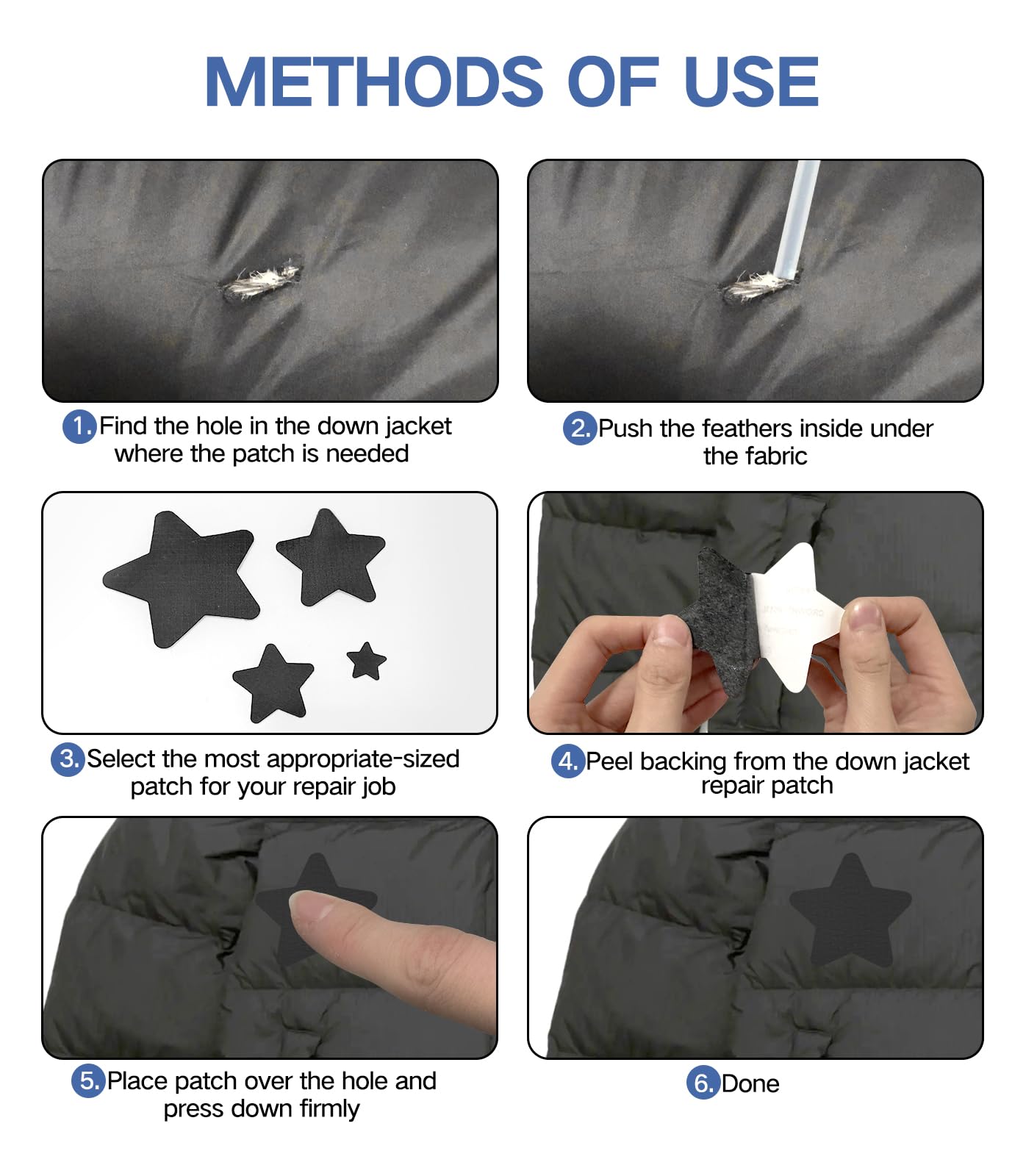 20Pcs Down Jacket Repair Patches Waterproof Self Adhesive Pre-Cut Nylon Repair Patches Kit for Jackets Coats Clothing Tents Sleeping Bags, Star