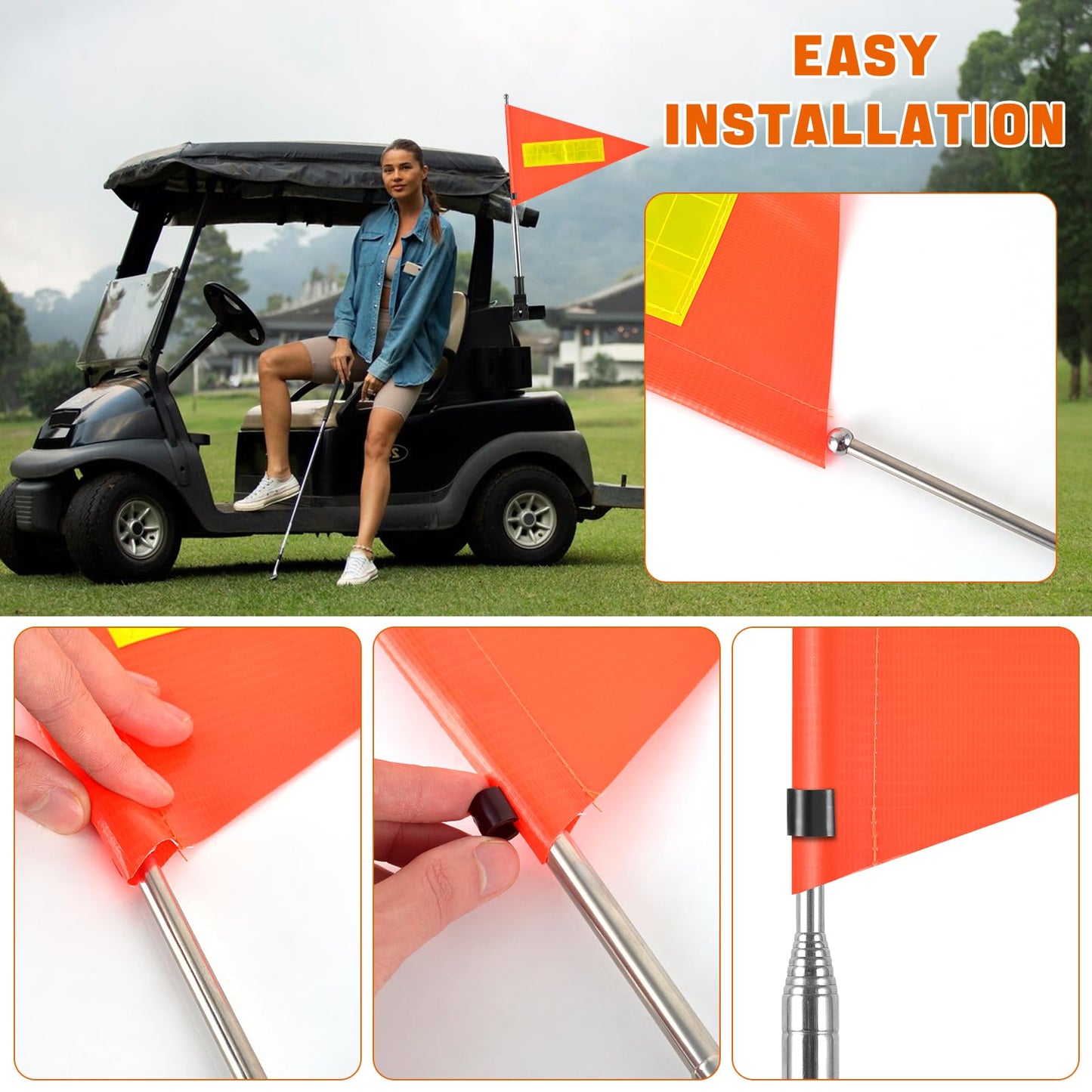 SHIQIKEJIPTY Golf Cart Flag 8.6 x 11.8 Inches Orange Safety Flag with Reflective Strips and PVC Flagpole