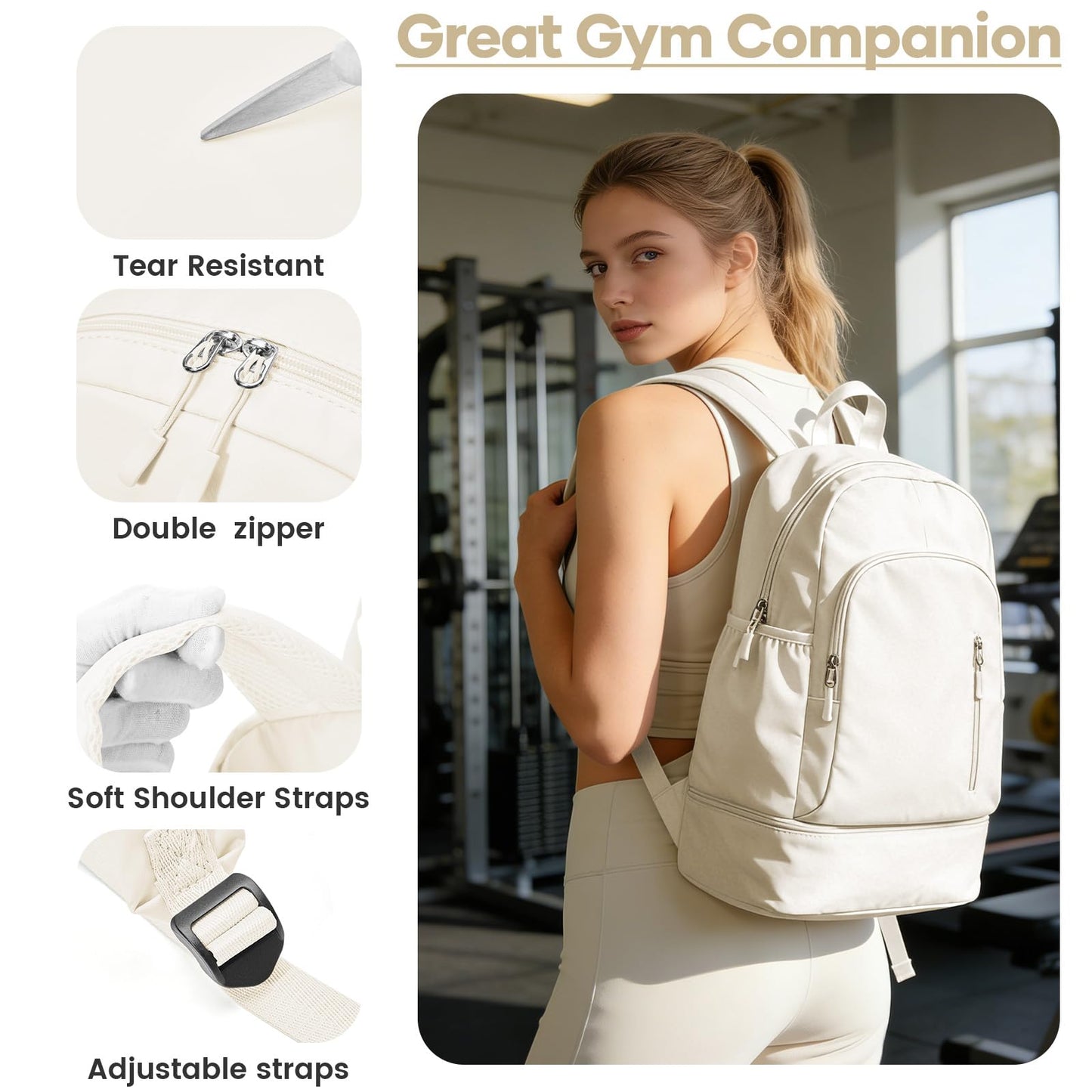 Lendolk Gym Backpack for Women Men, Dance Volleyball Backpacks With Shoe Compartment, Sports Back pack For Yoga Fitness Beach Hiking Sports(Beige)