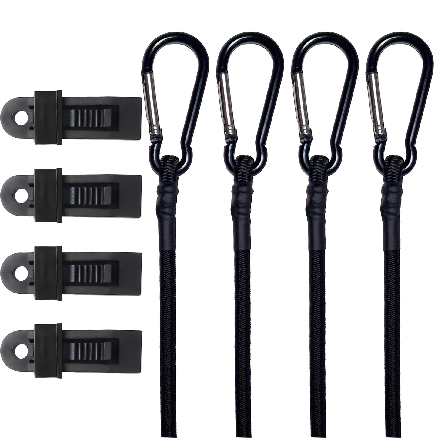 YELIER Bungee Cords with Carabiner Hooks (Black, 36"), 4pcs Bungee Cords with Hooks with 4pcs Tarp Clips, Strong and Odor-Free for Outdoor, Tent, Cargo, RV