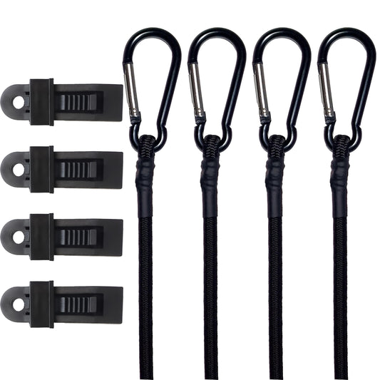 YELIER Bungee Cords with Carabiner Hooks (Black, 36"), 4pcs Bungee Cords with Hooks with 4pcs Tarp Clips, Strong and Odor-Free for Outdoor, Tent, Cargo, RV