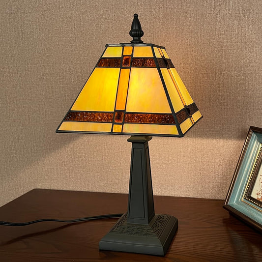 COTOSS Tiffany Table Lamps,Small Handcrafted Stained Glass Accent Table Light,Amber Mission Style Antique Desk Lamp for Bedroom Living Room Home Office