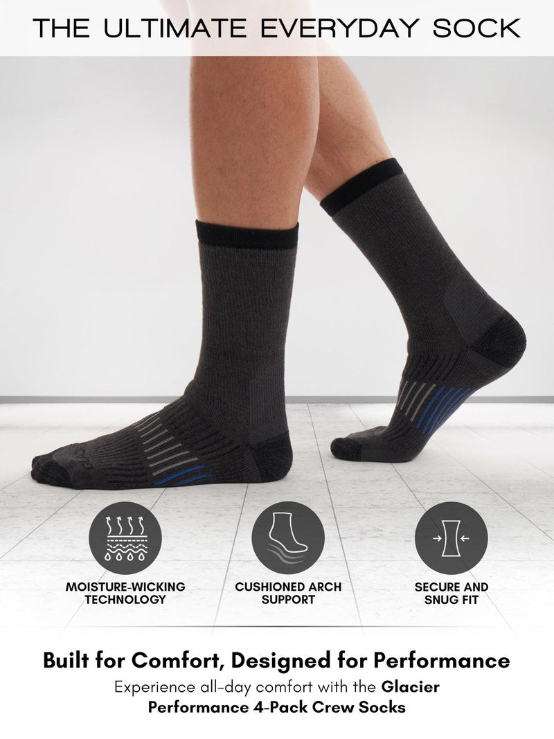 Glacier Performance Men's Cushioned Moisture-Wicking Crew Socks (4-Pack) Mid-Weight Work Socks Moisture-Wicking, Arch Support, Fits Sizes 6-12
