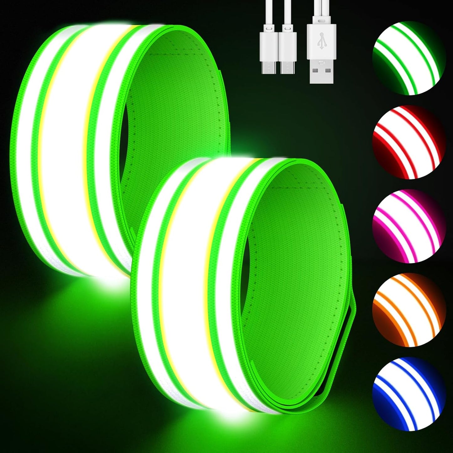 Skiennix LED Armband - High Visibility Reflective Gear | 2 Pack, 5 Colors, 3 Light Modes, Rechargeable