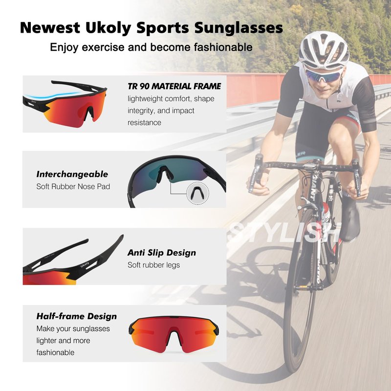 Ukoly Cycling Sunglasses for Youth Men Women, TR90 Polarized Sports Sunglasses,Outdoor Sport Baseball Glasses UV400 Cycling Eyewear (Red)