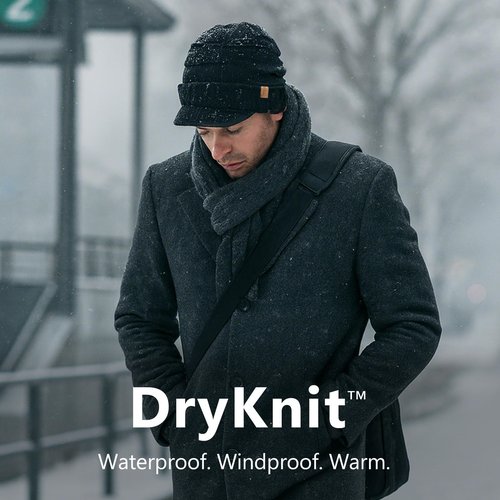 TOP-EX DryKnit™ Black Waterproof Wool Blend Beanie with Brim Fleece Lined Winter Cap for Men Women Hiking Cold Weather M/L