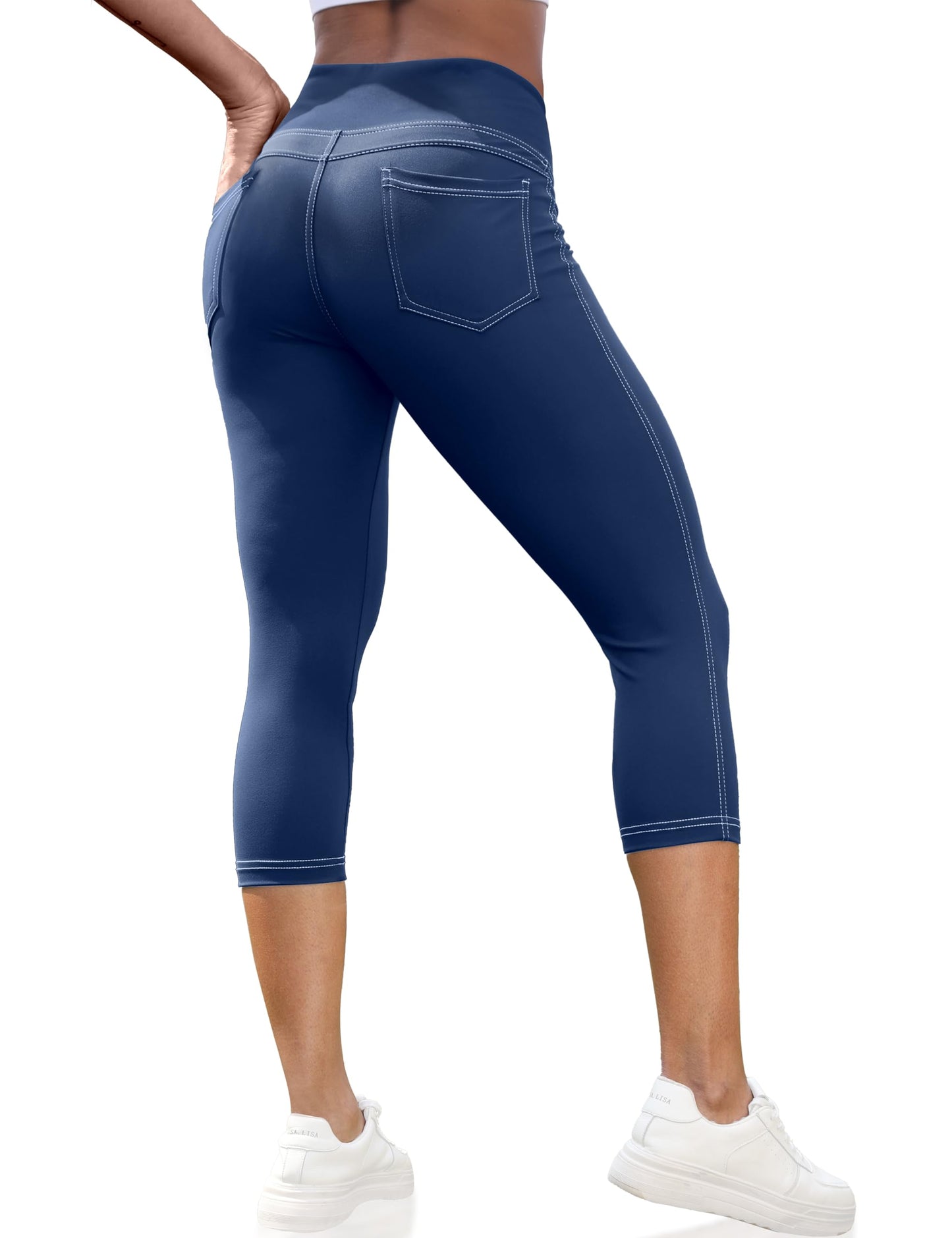 VOOVEEYA Capri Leggings for Women, High Waisted Yoga Pants with Back Pockets Crop Workout Capris Pants (Capri Navy Blue S)