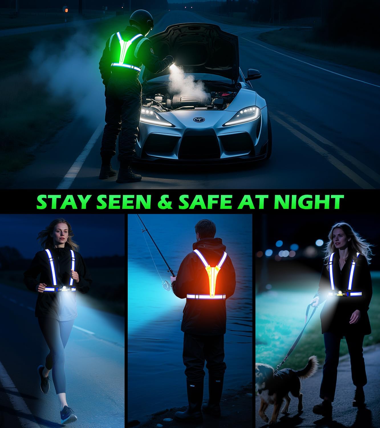 Skiennix LED Reflective Running Vest - 90° Adjustable Rechargeable Chest Light for Night Safety