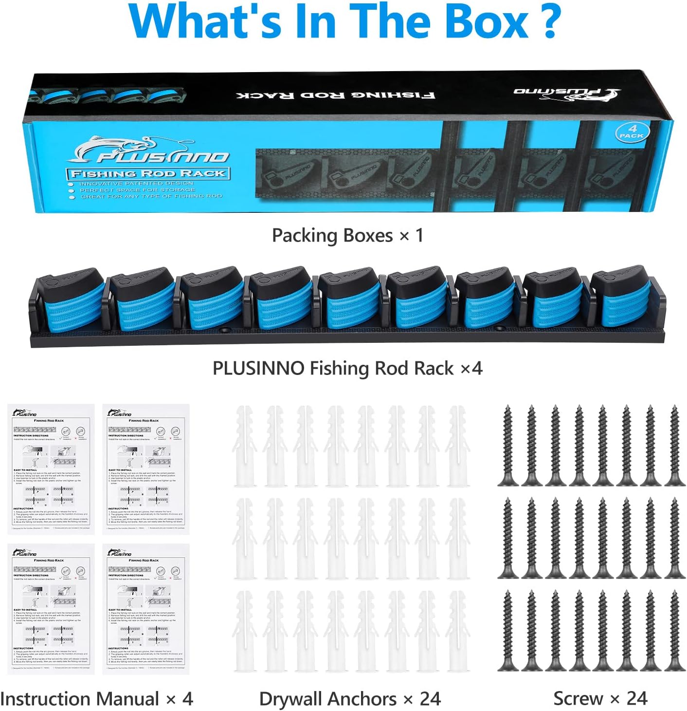 PLUSINNO Fishing Rod Rack - Wall-Mounted Holder for 36 Rods | 4-Pack Fishing Gear Organizer