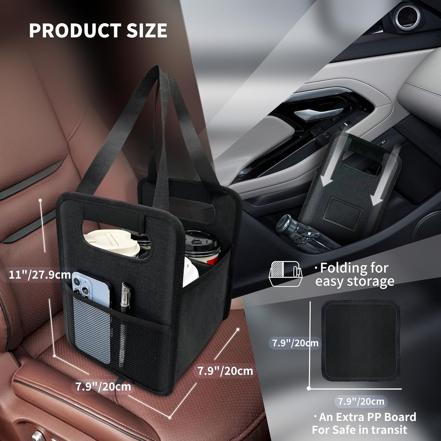 Skiennix Reusable 4-Cup Drink Carrier - Insulated Caddy with Adjustable Dividers | Foldable Coffee Holder (Black)