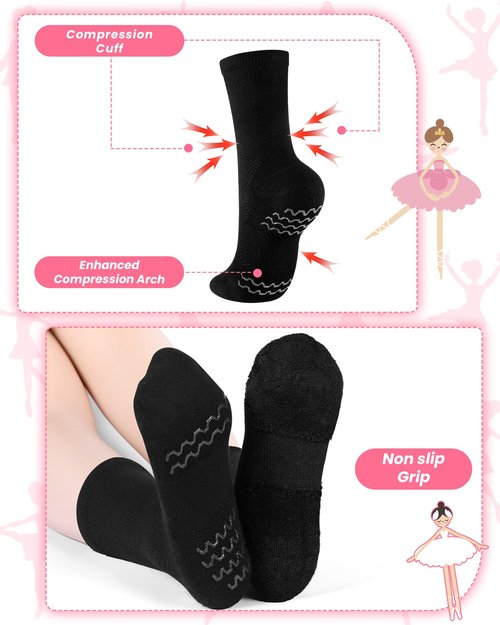 Twistover 4 Pairs Dance Non Slip Socks for Dancer Women Girls Ballet Dancing Socks with Spin Spot Compression Ankle Stockings(Black,Large)
