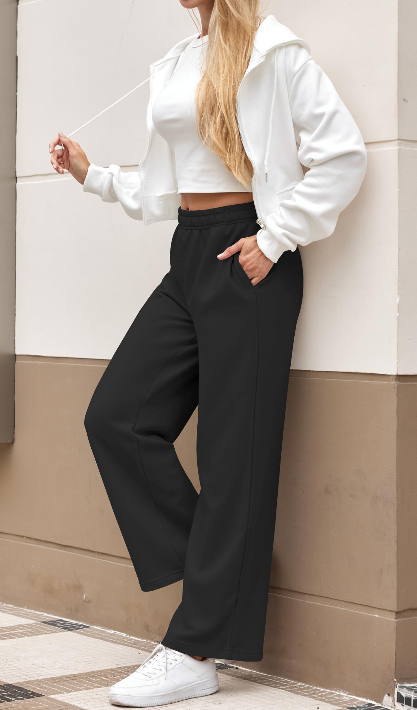JEKAOYI Womens Sweatpants Wide Leg Drawstring Workout Casual Baggy Pants High Waist with Pockets Black