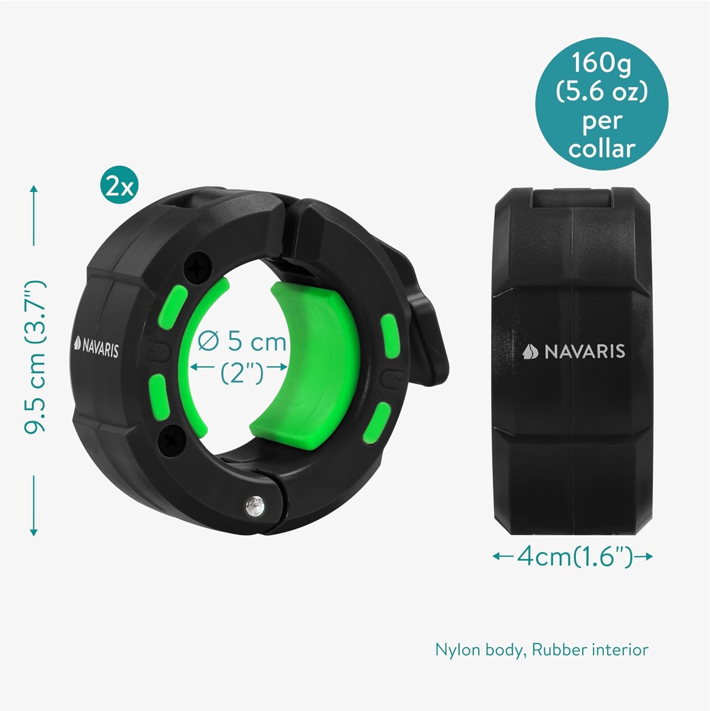 Navaris Barbell Locking Collar 2-Pack - 2-Inch (5cm) Olympic Weight Lifting Clamps with Quick Latch & Magnetic Design - Easy to Use Clamp - Lightweight Clips for Bar - Black/Green