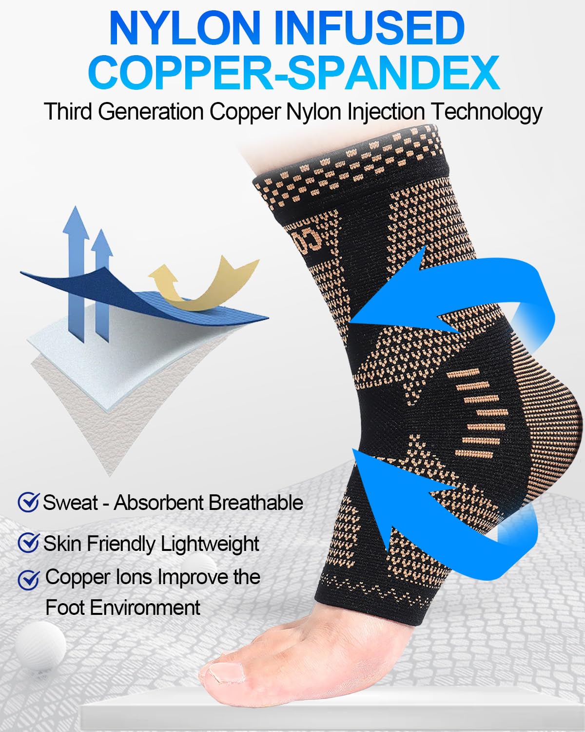 LISEPWU Copper Ankle Brace, Copper Infused Ankle Support Compression Sleeve for Men & Women, for Foot Pain Relief, Sprained Recovery, Achilles Tendonitis, Daytime or Night Use(XL)