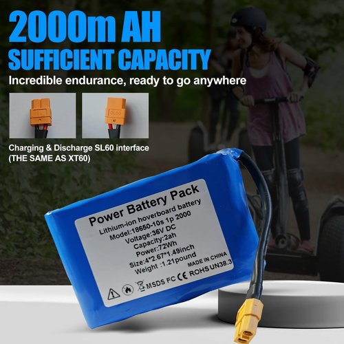 iDeaZoo 36V 2000mah Lithium Li-ion Hoverboard Battery with XT60,SL60 Plug Configuration 10S2P General Purpose Battery Replacement fit 42V 2000mah,Compatible for Most Hoverboard Models Without Axle