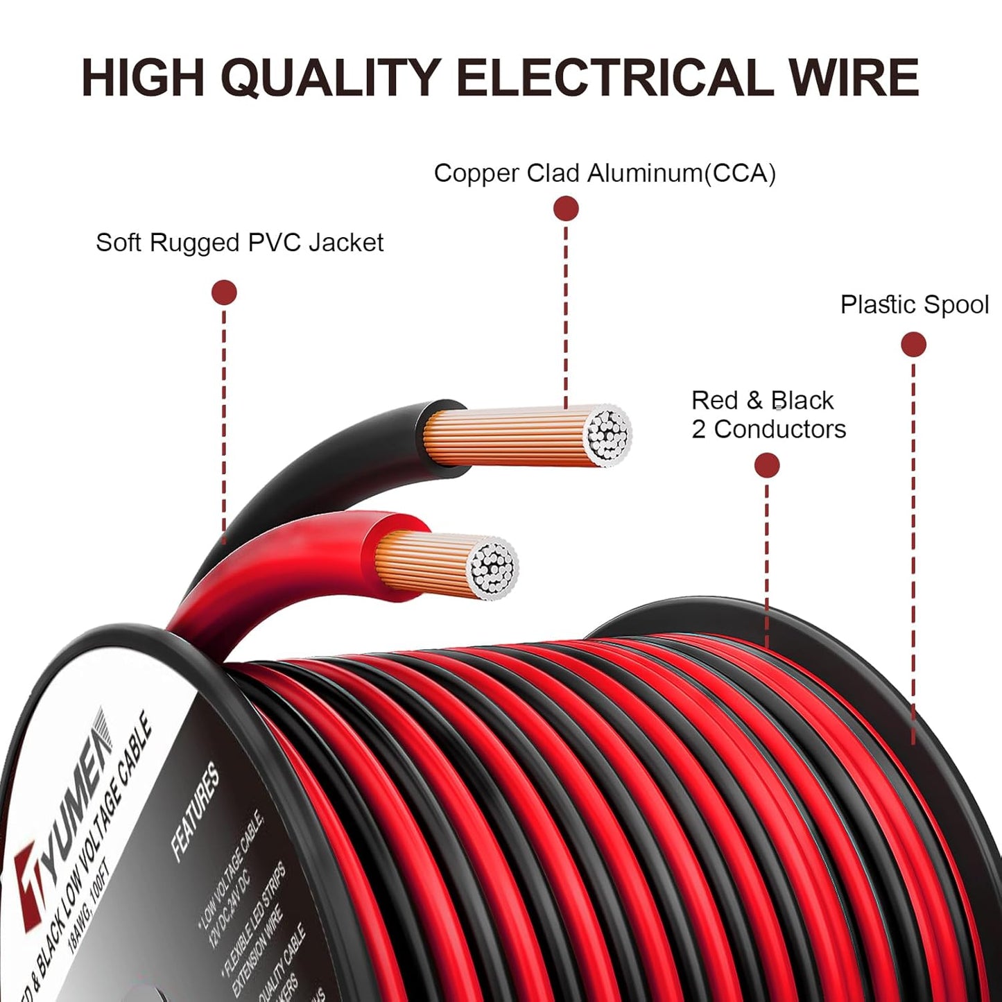 TYUMEN 10 AWG Red Black Electrical Wire - 25FT Flexible Low Voltage Cable for LED Strips & Home Use