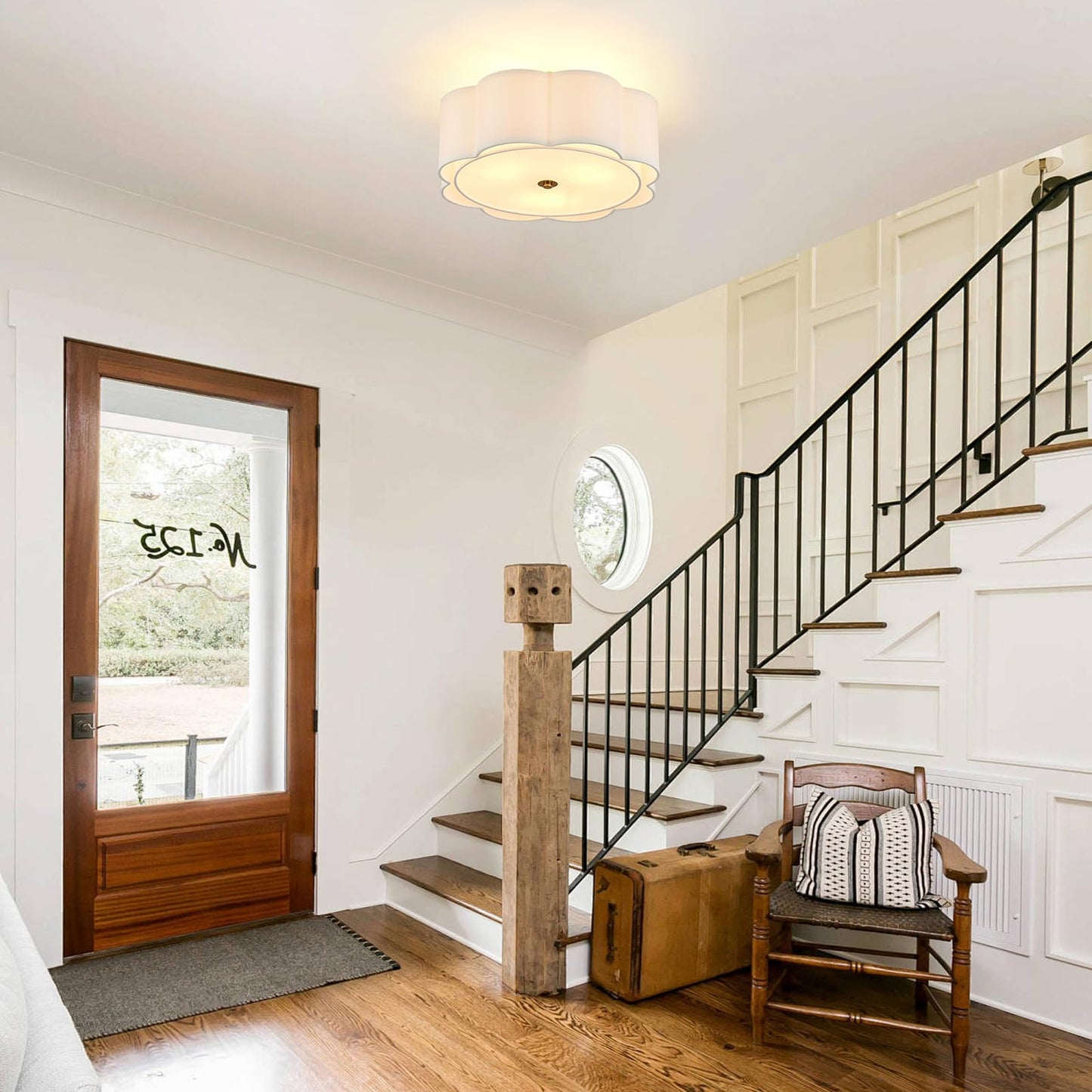 Widluth Modern Semi Flush Mount Ceiling Light 18" Modern Gold Drum Ceiling Lighting Fixture with Linen Shade Vintage Ceiling Lamp for Living Room, Bedroom, Kitchen, Dining Room, Hallway, and Entryway