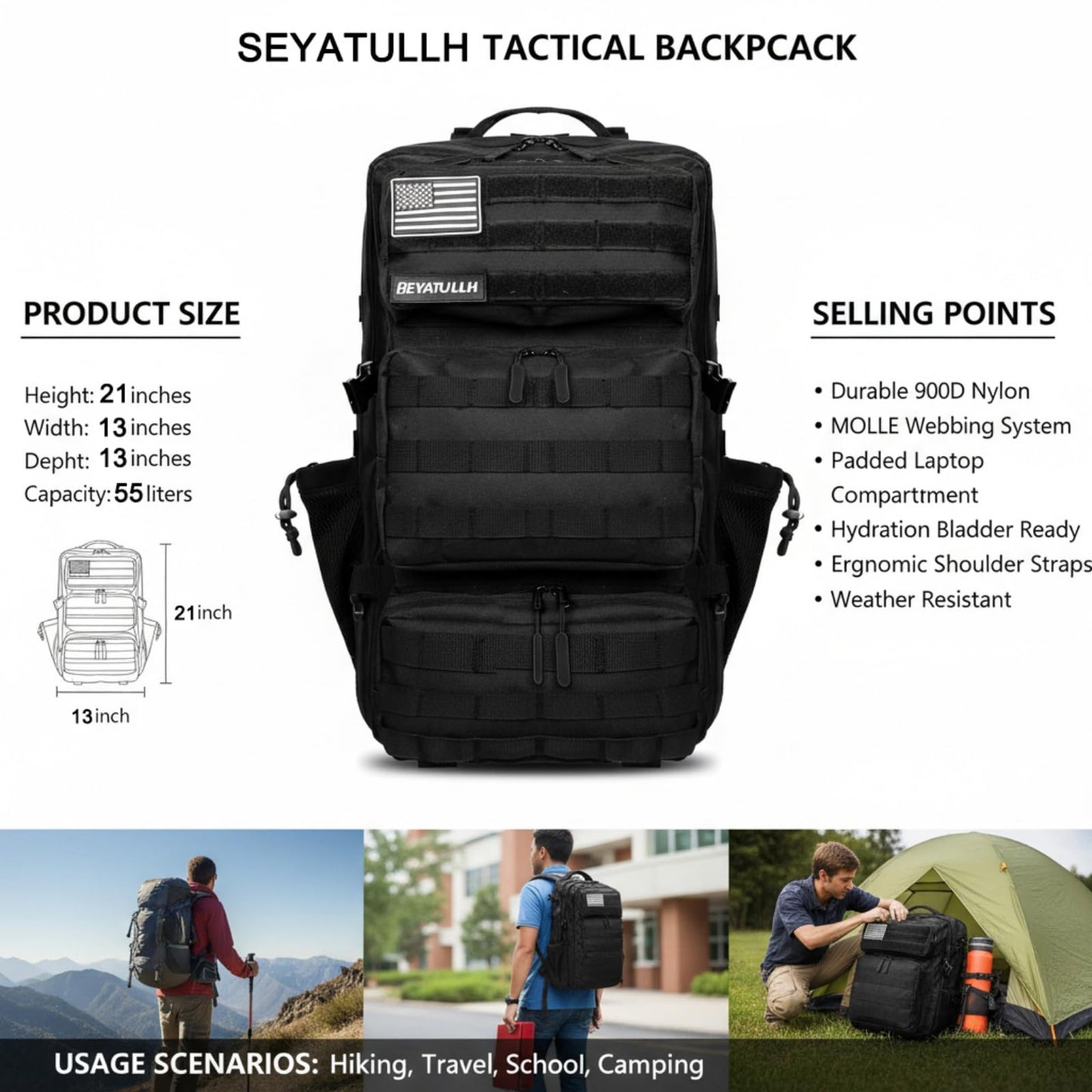 SEYATULLH Military Tactical Backpack 55L for Men & Women Bug Out Bag Assault pack Molle Daypack Hiking Trekking Rucksack (Black)