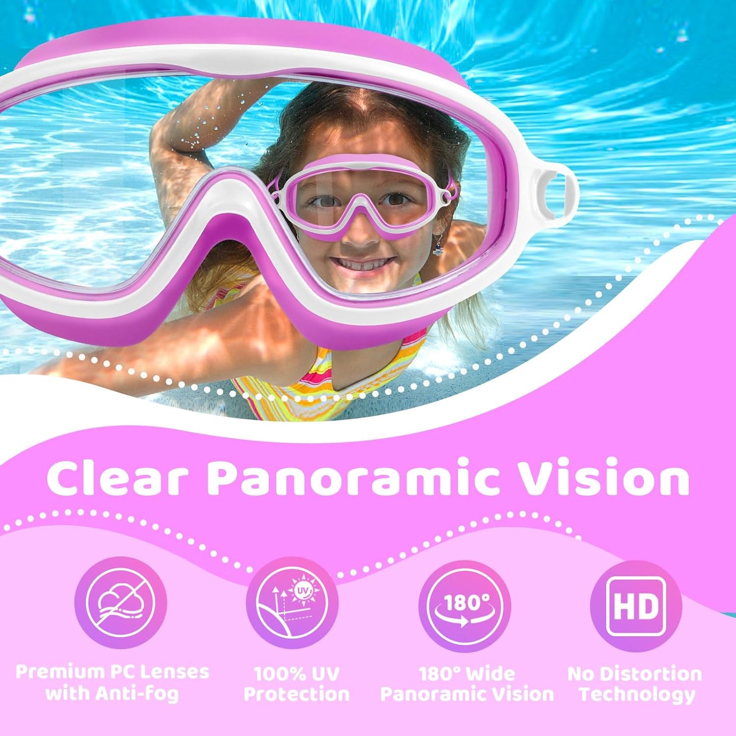 Vvinca Kids Swim Goggles - Wide View Anti-Fog UV Protection | Adjustable Bungee Strap for Ages 3-14