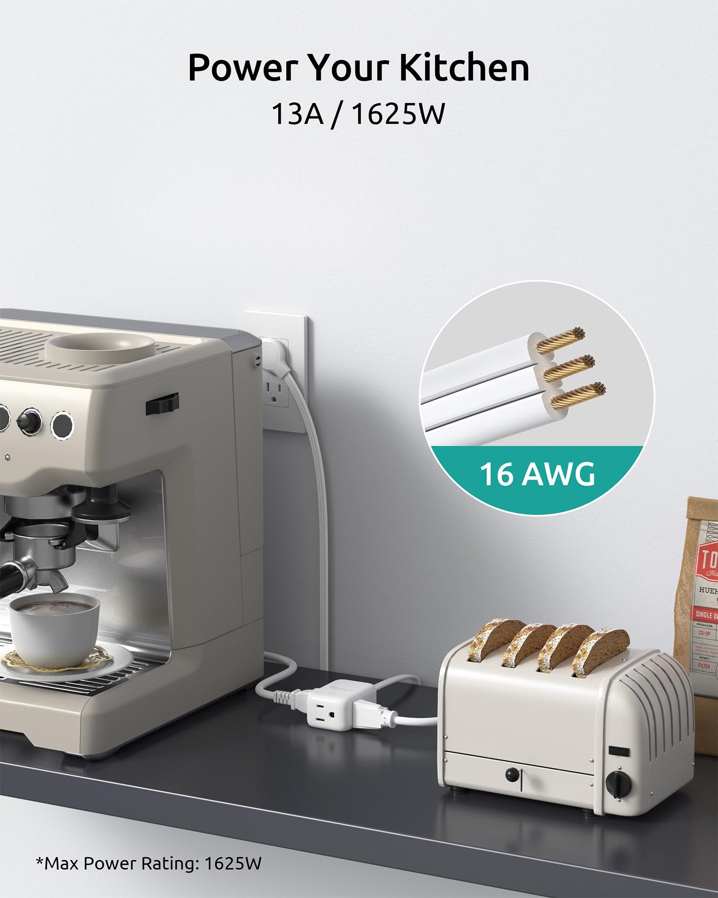 Flat Extension Cord 6ft, NUTICT Indoor 3 Prong Cord Extension with 900J Surge Protector, 13A/1625W, Low Profile Right Angle Flat Wall Plug, 3 Way Small Outlet Extender for Kitchen Home Office, White