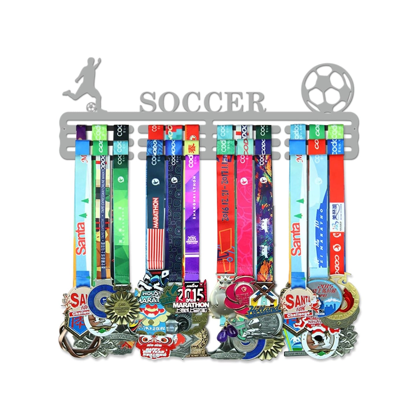 Resama World Cup Soccer Medal Hanger Holder Display Rack for Awards Ribbons Personalized Medal Sports Themed Race Ribbon Holder for Wall Metal Display for Men Boy Girl Kid Silver