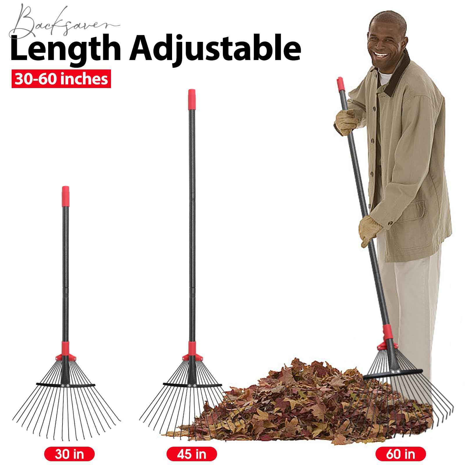 Rake, Adjustable Rakes for Leaves with 9”-17” Head, Rakes for Lawns Heavy Duty, 60 in Garden Rake with 18 Clog-Free Tines, Long Handle, Metal Gardening Tool, Fast Cleanup, Easy Carry for Camping