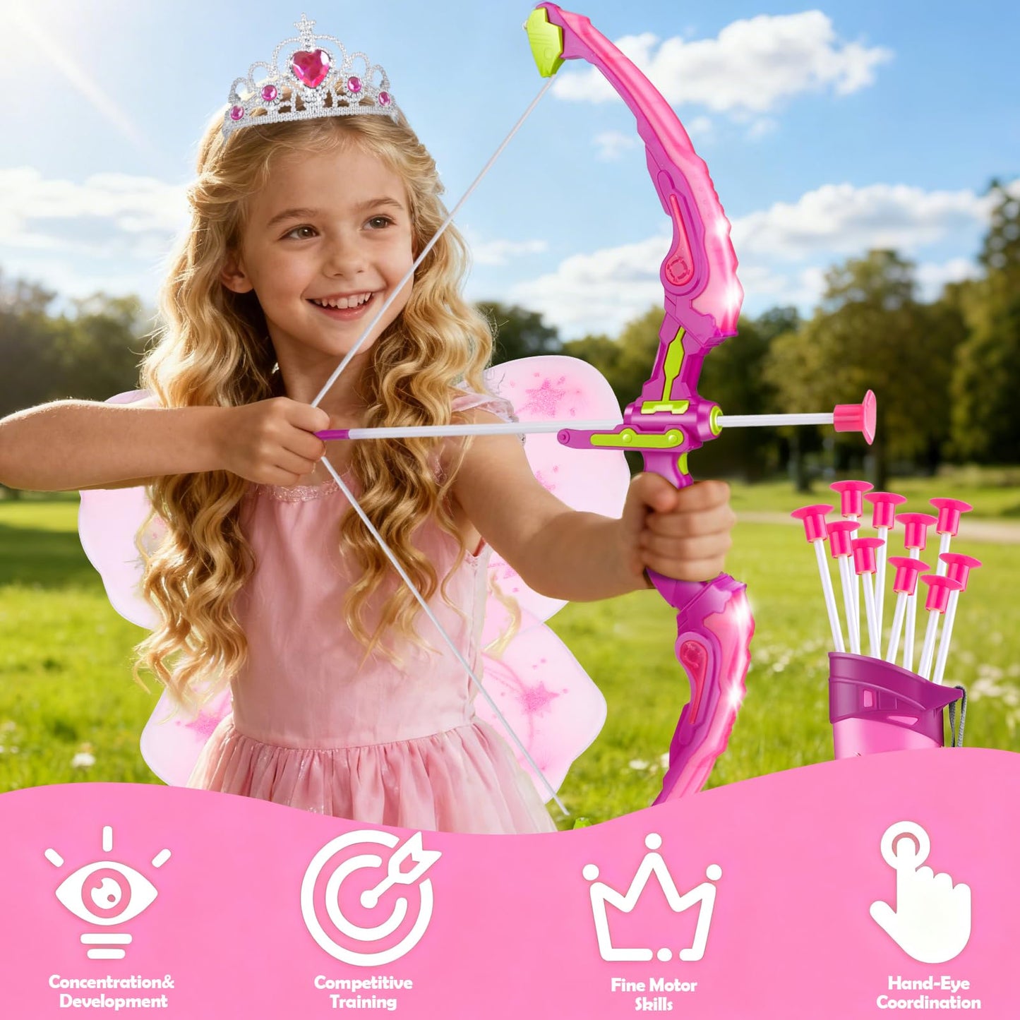 OWNONE 1 Pink Bow and Arrow Set for Girls, LED Light Up Archery Set with 10 Suction Cup Arrows, Target, Fairy Wings & Princess Crown, Birthday Gift Outdoor Toys for Kids Girls Ages 3-12