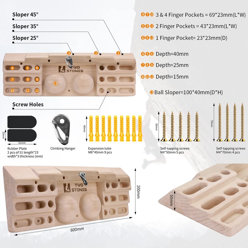 Two Stones Wooden Hangboard Rock Climbing Pull Up Bar Designed Training for Climbing, Wooden Fingerboard Climbing Training Board for Building Core Strength and Endurance (CJ-HB2003)