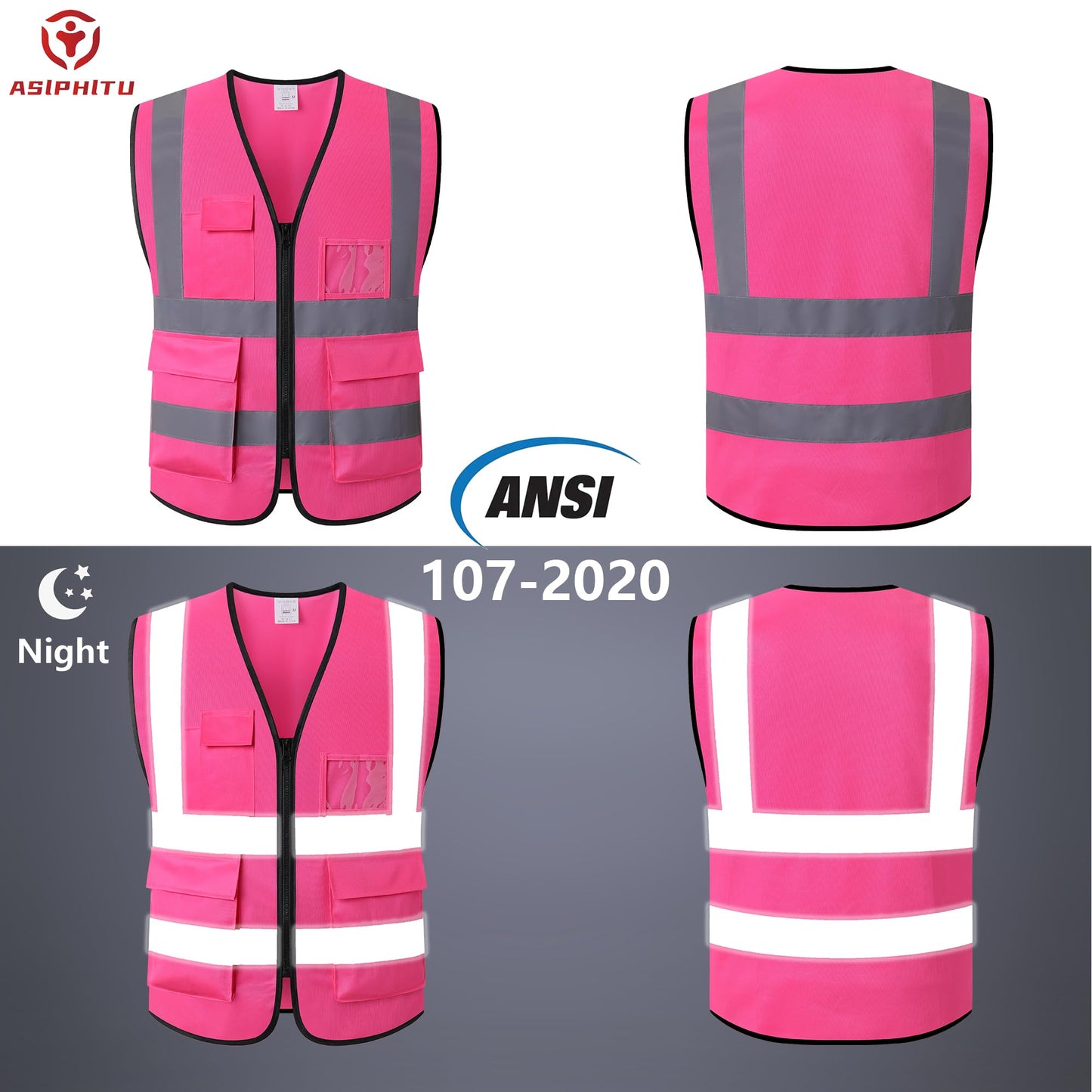 ASIPHITU Reflective Safety Vest for Men Women High Visibility Construction Work Vest with Pockets and zipper front Hi Vis Security Vest with Reflective Strips Meets ANSI/ISEA Standard (AP1-Pink-S)