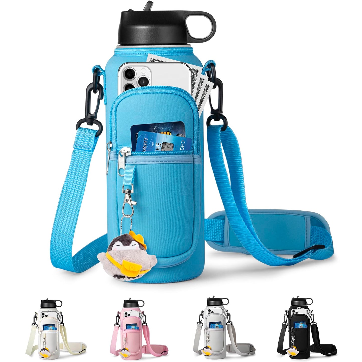 RRegeny【Water Bottle Holder Crossbody Bag with Shoulder Strap, Leakproof Water Bottle Carrier for Hydro Flask16-40oz, Hands-Free Fitness Bag with Zipper Pockets for Hiking Travel Gym