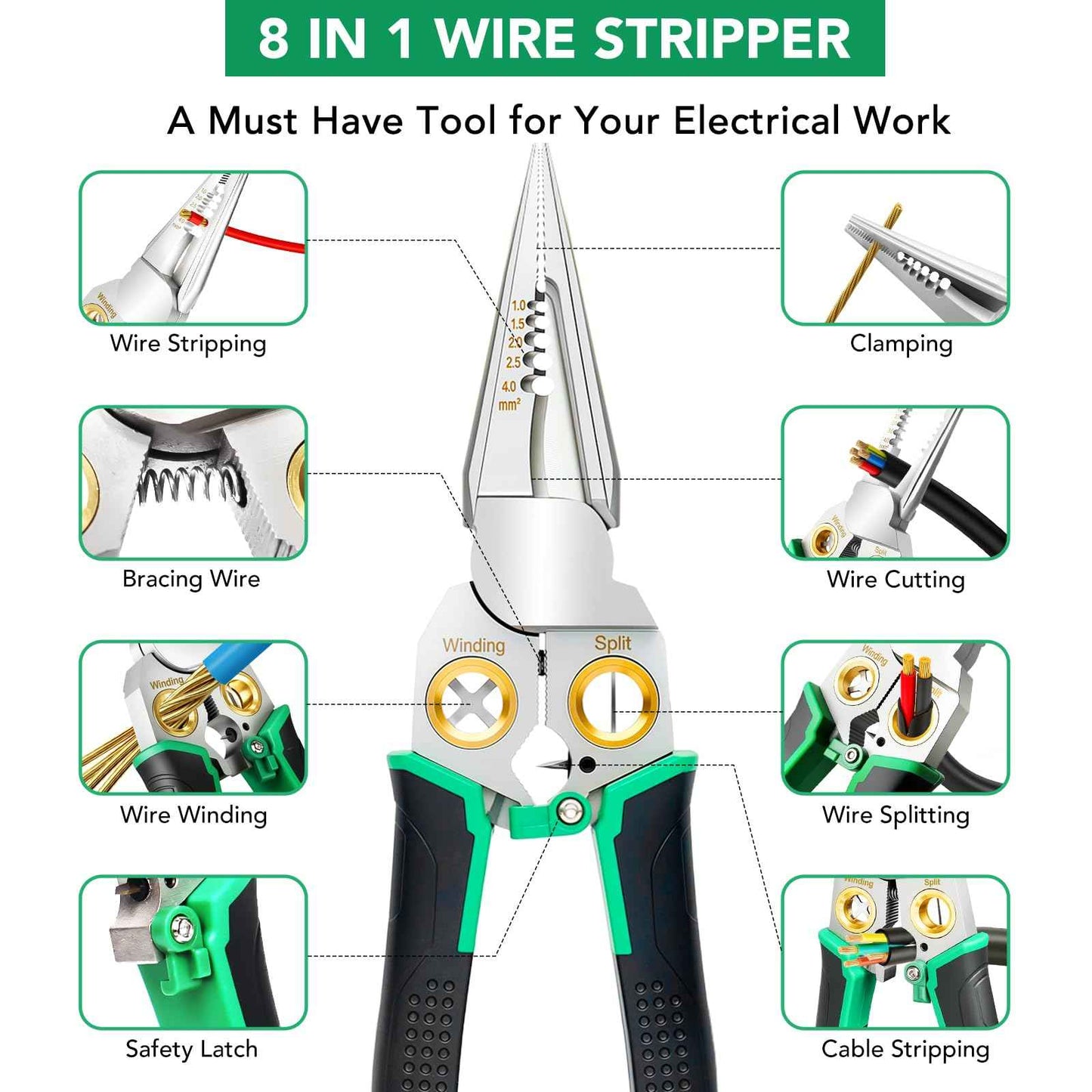 8-in-1 Wire Stripper, Multifunctional Wire Stripper Crimper Cable Cutter Pliers, Professional Wire Strippers Electrical Wire Crimper, Wiring Tools, Electrician, HVAC, Car Repair Tool