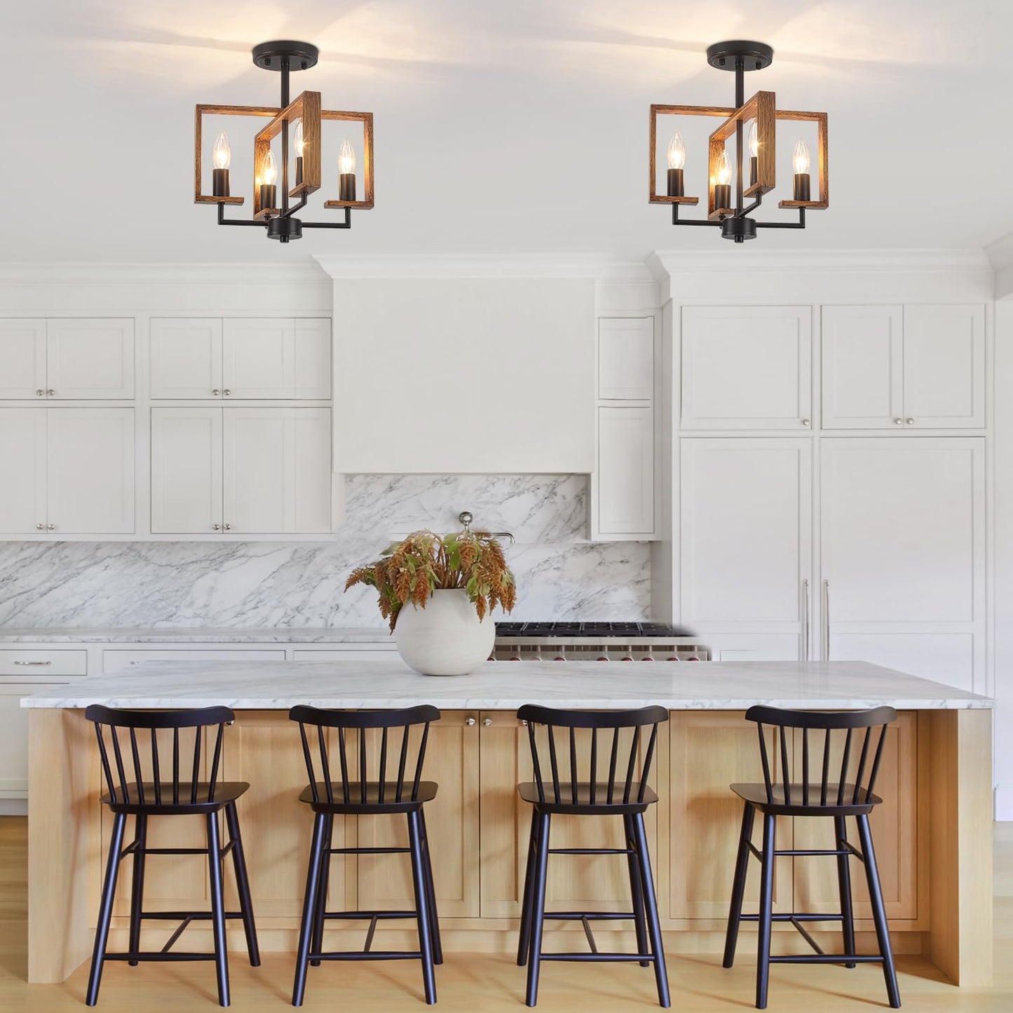 4-Light Semi Flush Ceiling Light, Farmhouse Ceiling Light Fixture Wood Hallway Light Fixture for Kitchen Island Dining Room Entryway Laundry Room Bedroom