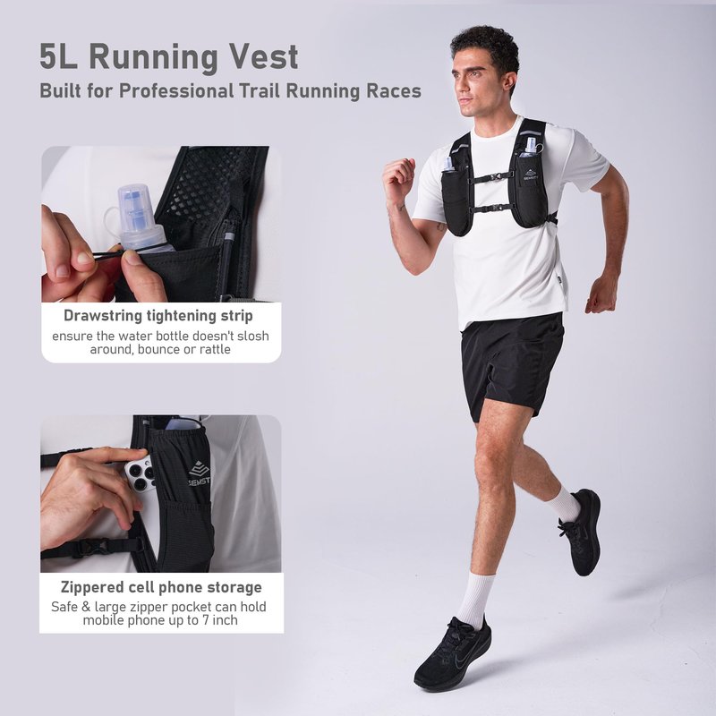 SEMSTY Running Vest for Women Men, 5L Hydration Vest with Dual 500ml Soft Flask, Lightweight Water Backpack, Adjustable Chest Straps Hydration Backpack for Running Cycling Hiking