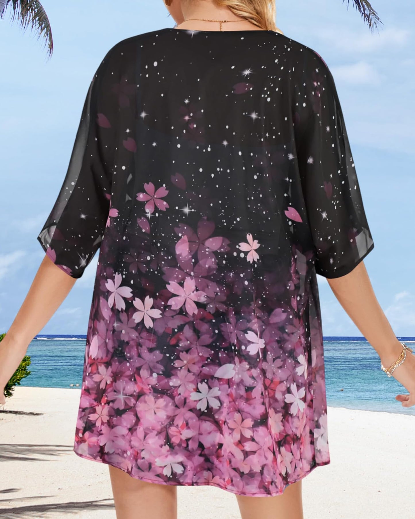 Women's Floral Print Puff Sleeve Kimono Cardigan Loose Cover Up Casual Blouse Tops(Black Pink Purple Floral,3XL)
