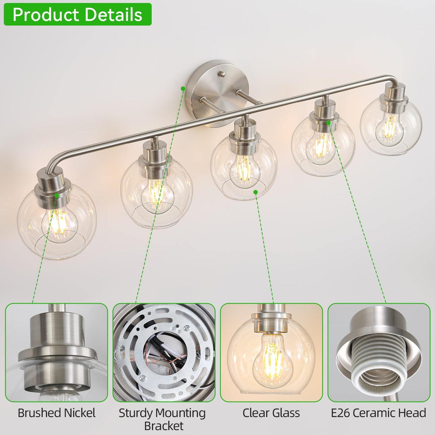 Bathroom Light Fixtures 5 Light Brushed Nickel Vanity Light Silver Modern Wall Sconces Lighting Bathroom Lights with Globe Glass Shade Bath Wall Lights for Mirror Kitchen Living Room Hallway 34.5"