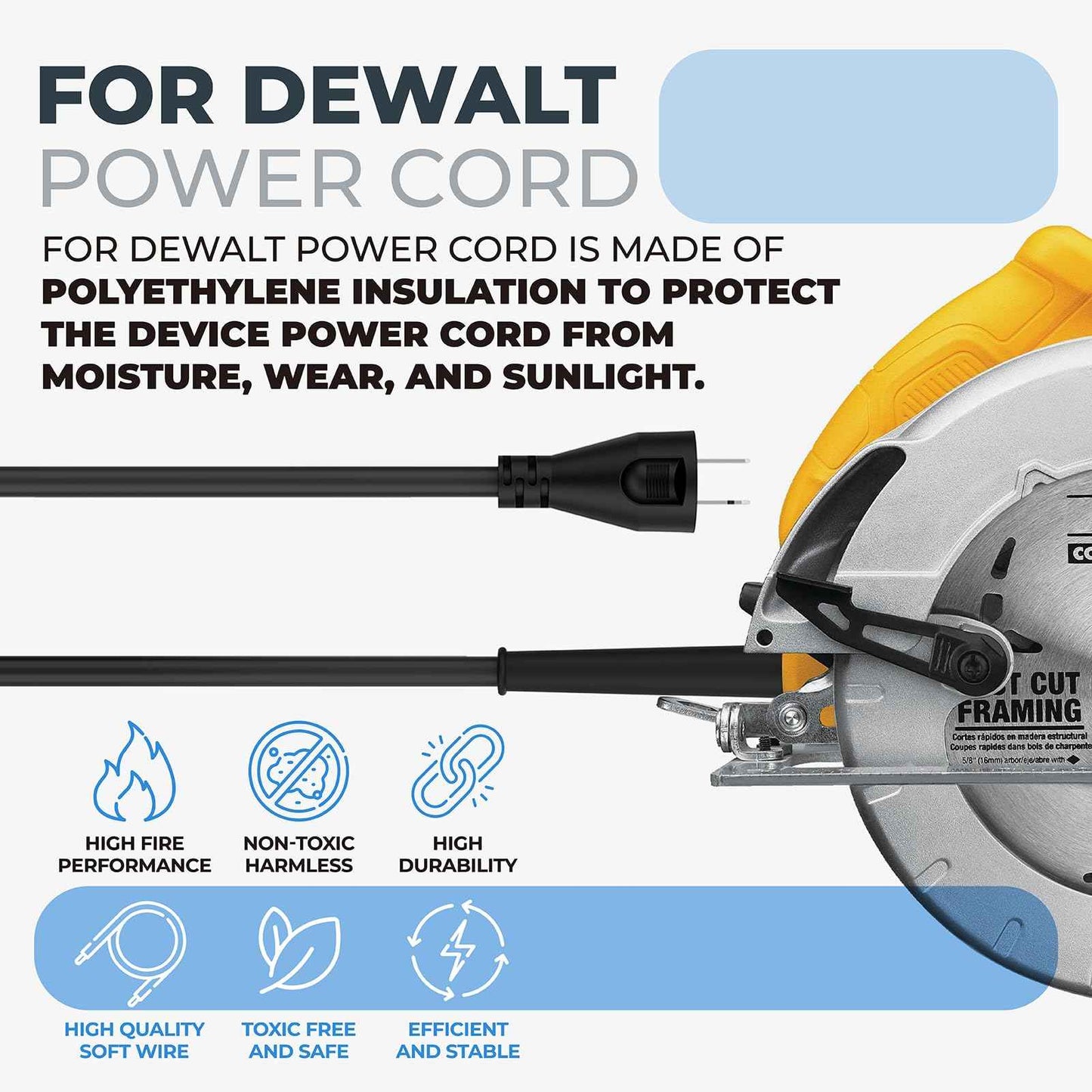 33007898 Power Cord compatible with DEWALT Miter Saw, Circular Saw, Polisher, Sander, Small Table Saw, 10ft 16 Gauge 2 Wire Power Cord for DW704 DW708 DW360 DW364 DWP849X DWP849 DW421