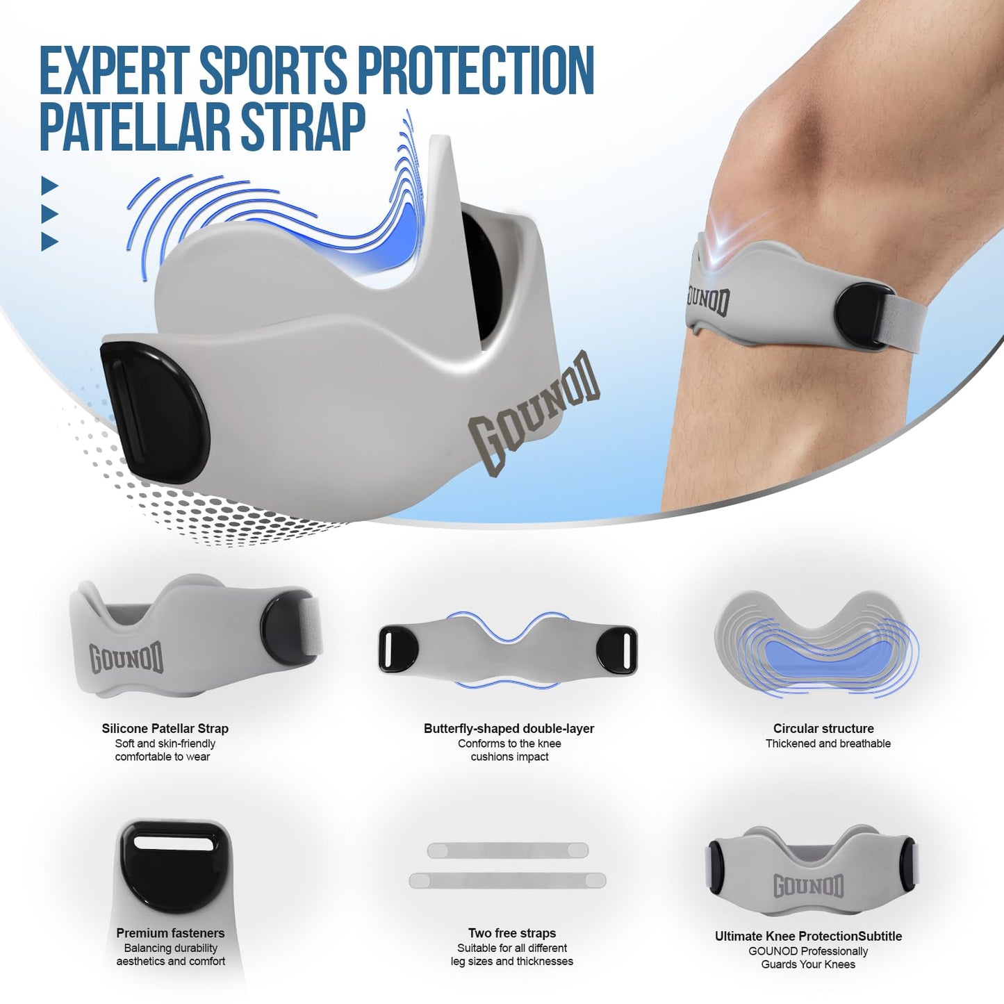 GOUNOD Patellar Tendon Support Strap 2 Pack,Silicone Knee Strap for Knee Pain Relief,Patella Band for Basketball, Jumpers Knee, Tendonitis, Running, Hiking, Soccer, Osgood Schlatter（Grey）
