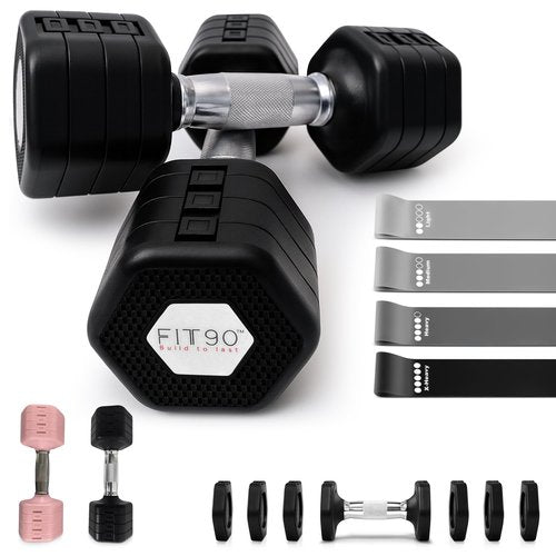 FIT90 20Lbs Adjustable Dumbbell Set with Resistance Bands for Working Out – 2-Pcs Weights Dumbbells Set with 4-Pcs Stretch Bands for Exercise – Quick Adjustment – Comfortable Grip (PINK)