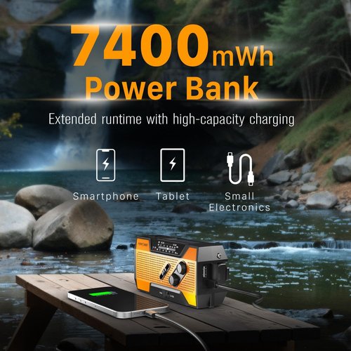 FosPower NOAA Emergency Weather Radio - Portable Power Bank with AM/FM, USB/Solar/Hand Crank, SOS Alarm & Flashlight - Orange